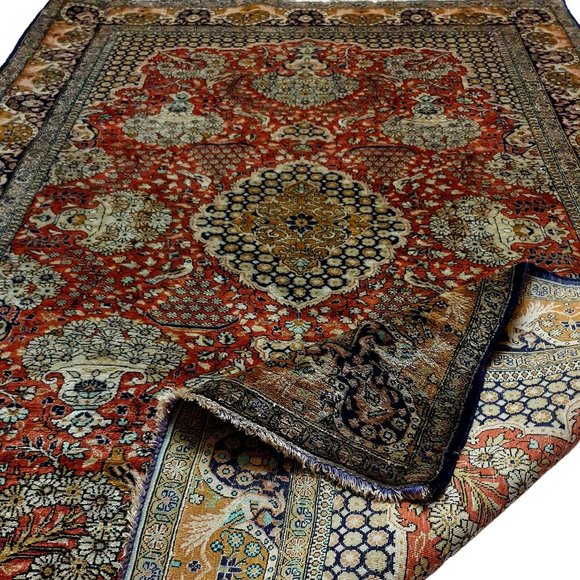 Rare 1945 Semi Antique Persian Qum 483 KPSI Red Khaki Black 5x3 100% Silk Rug - Picture 1 of 6